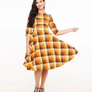 Hell Bunny Checkered Midi Dress in Orange and Brown